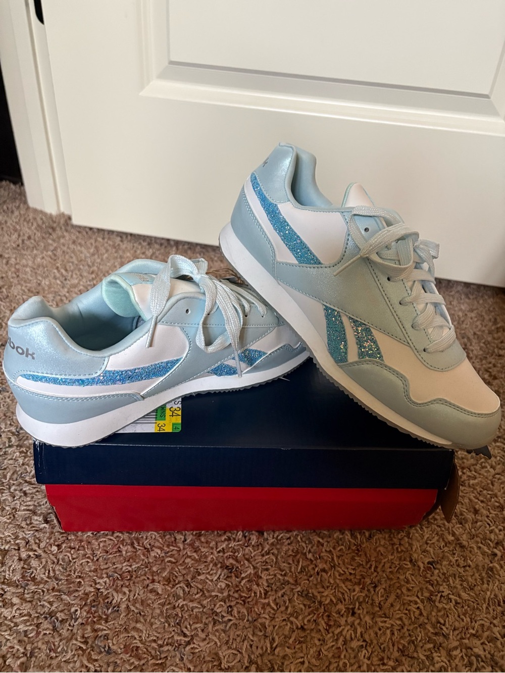 Reebok White and Light Blue Glitter-Trim Classic Running Sneakers